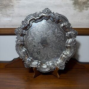 Vintage Ornate Silver Plated Decorative Tray with Feet